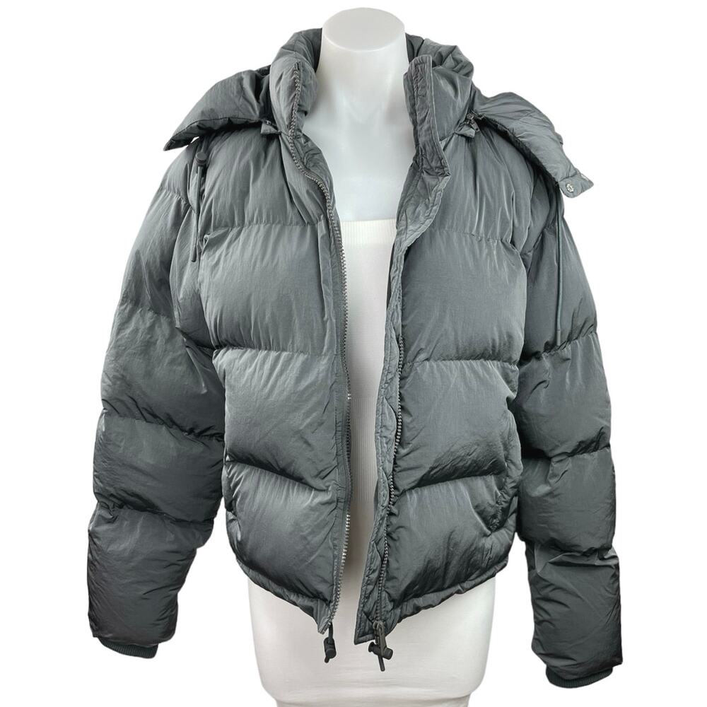 Good American Chrome Gray Quilted Hooded Winter Puffer Jacket Coat Size Large